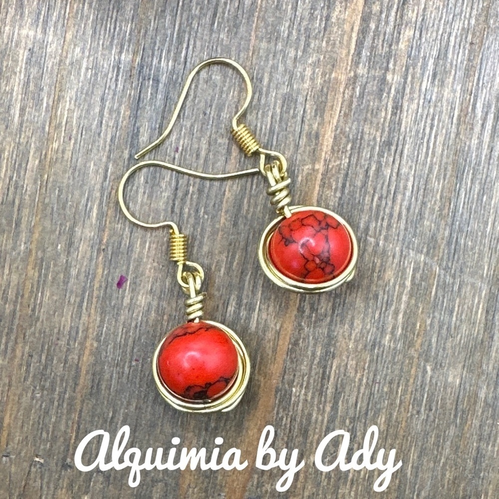 Red Turquoise handmade bohemian dangle gold earrings